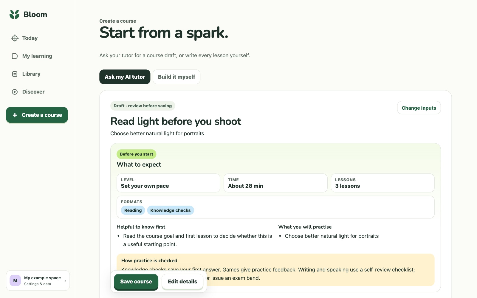 A Bloom course draft about natural light, ready to review before saving