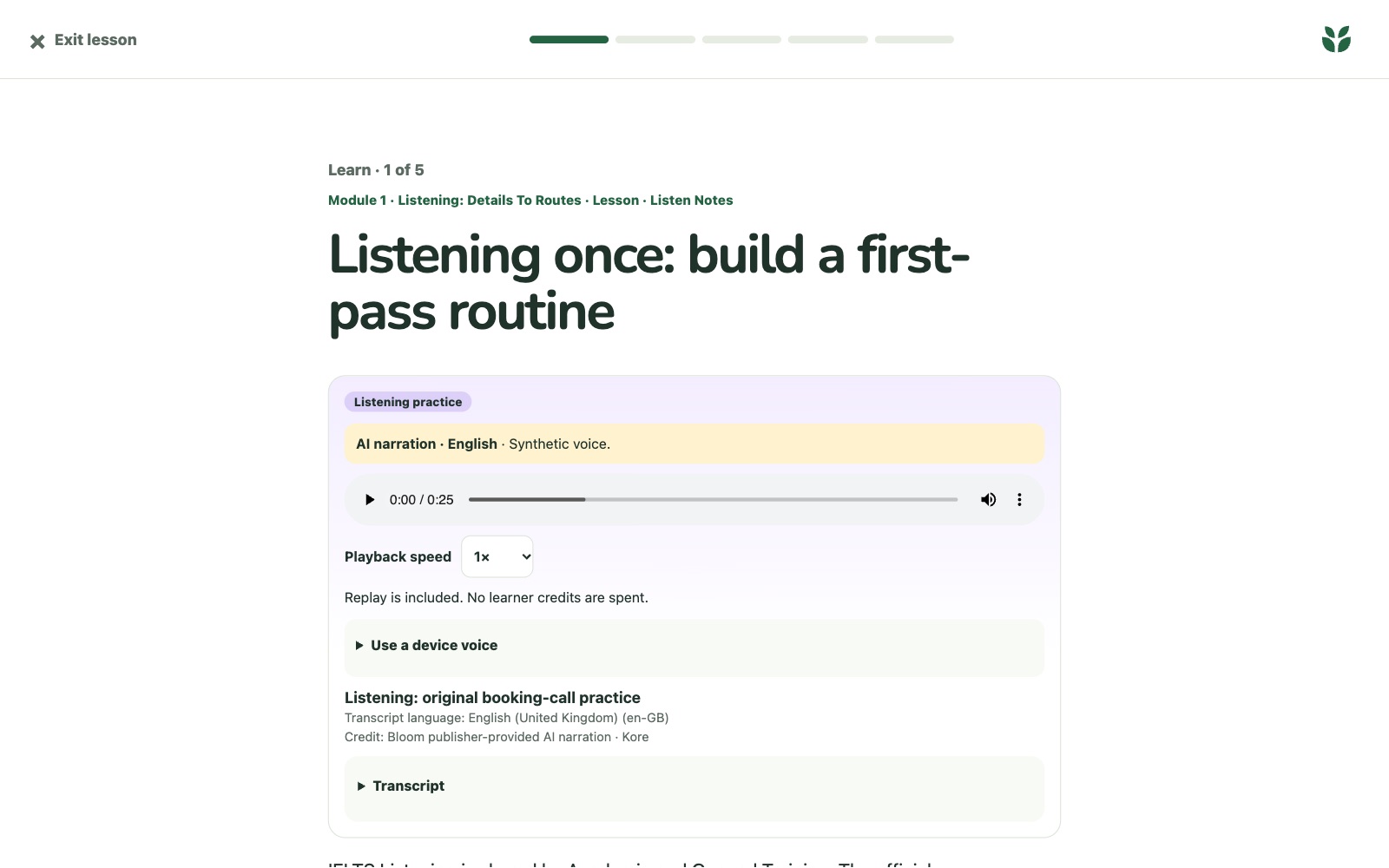 An IELTS listening lesson in Bloom with AI narration, playback speed and a transcript