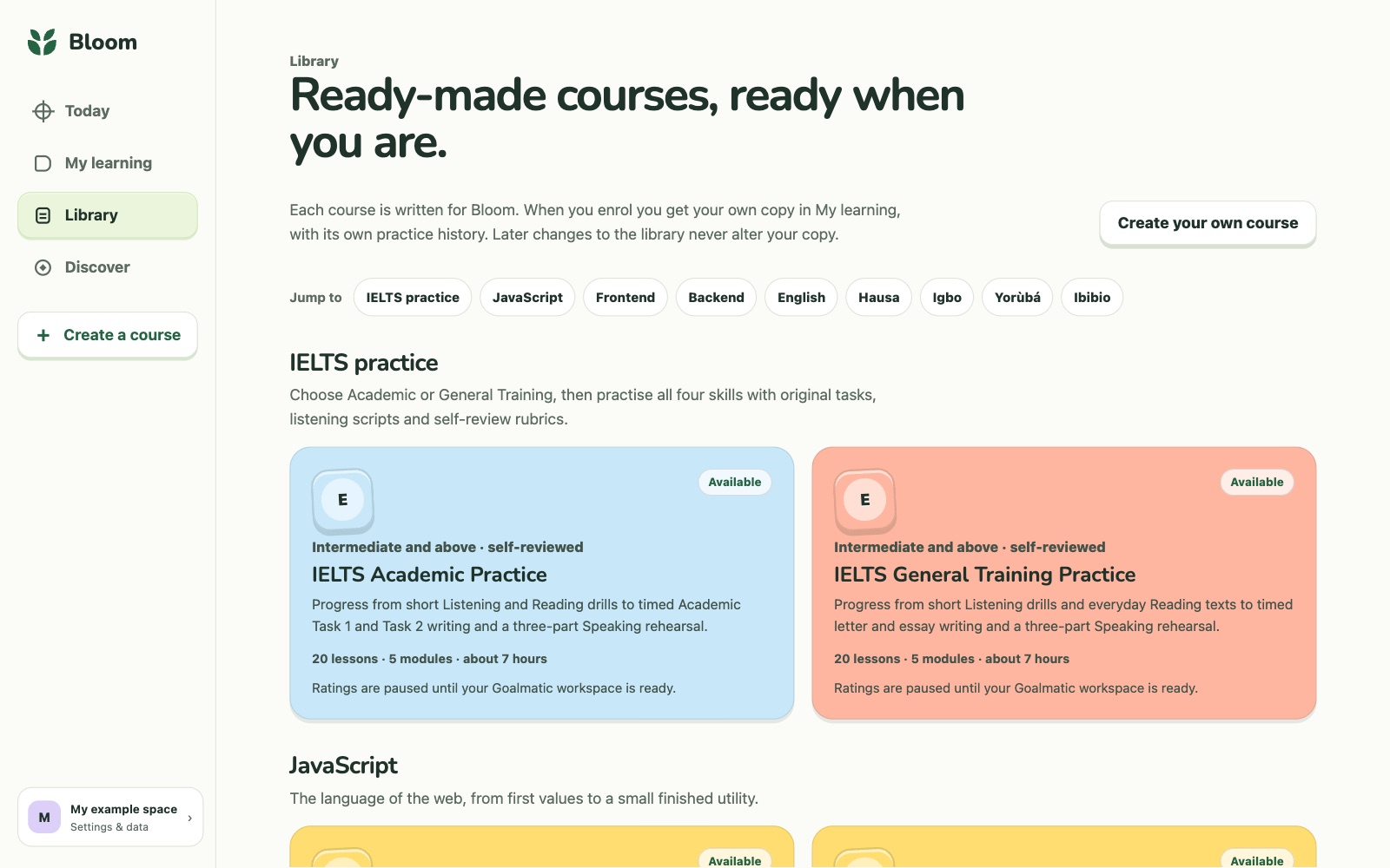 Bloom Library of ready-made courses, with IELTS Academic and General Training practice