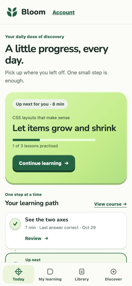 Bloom Today screen on a phone showing the next lesson and learning path