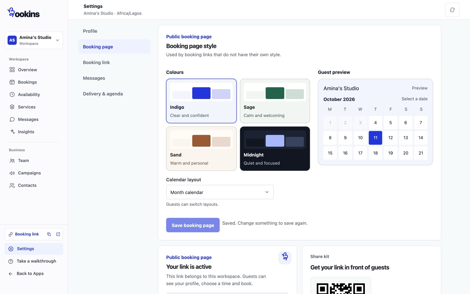 Booking page style picker with four colour themes and a live preview