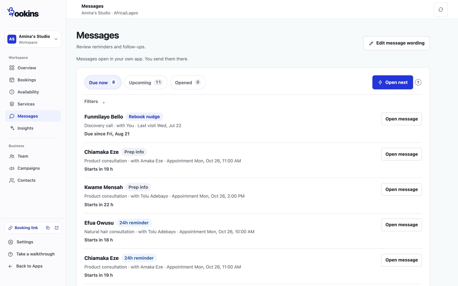 Message queue of reminders and rebooking nudges, each with an Open message button