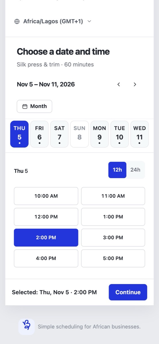 Bookins booking page on a phone with a day strip and open times