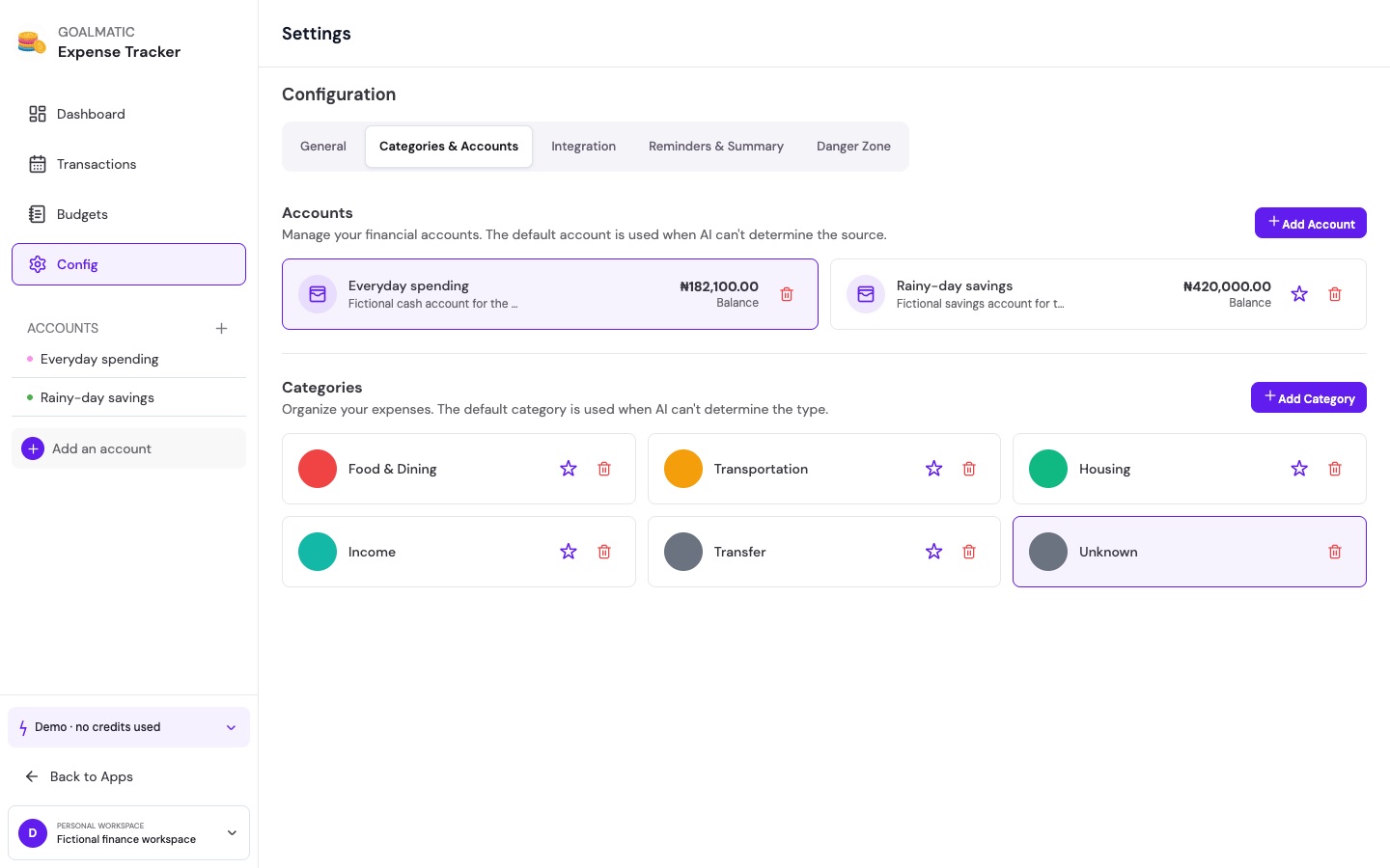 Account cards with balances and colour-coded spending categories