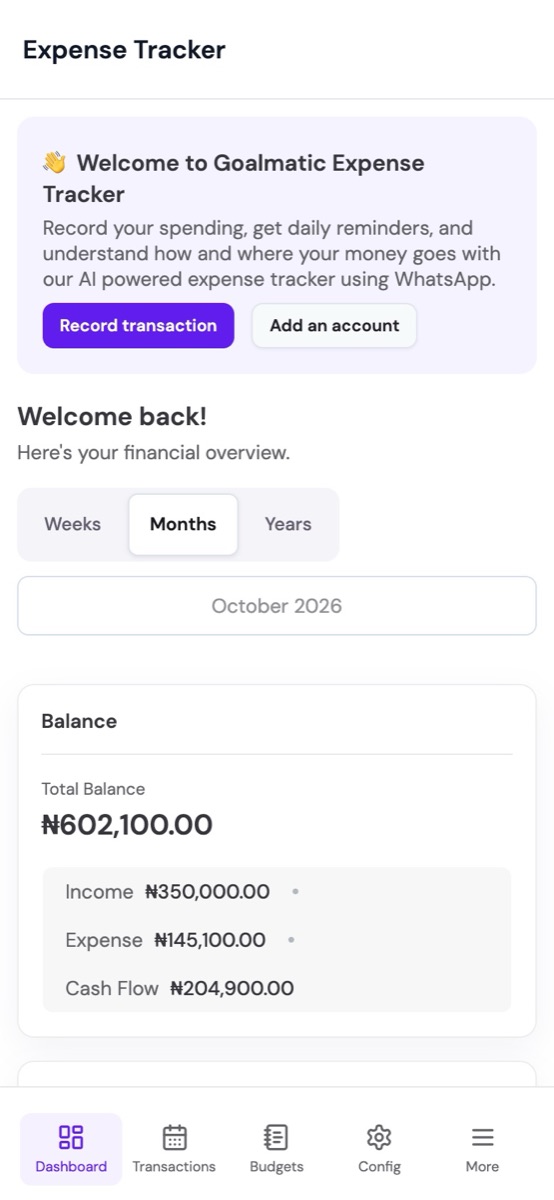 Expense Tracker on a phone showing the total balance and bottom navigation
