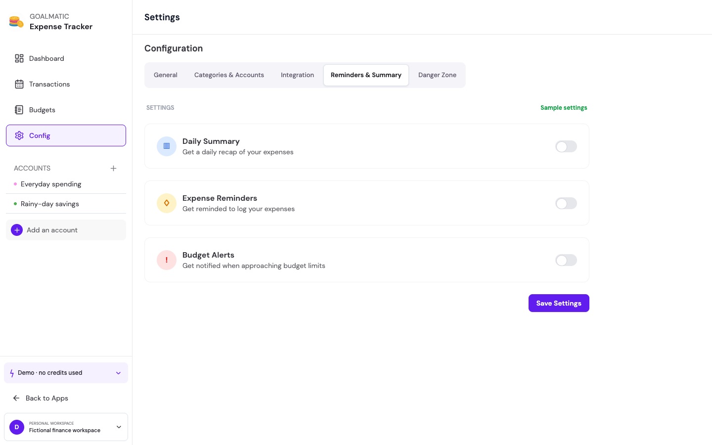 Settings for the daily summary, expense reminders and budget alerts
