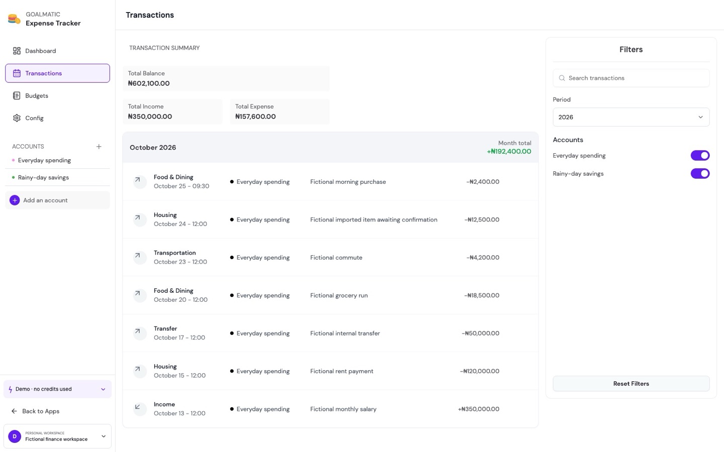 Transactions for October grouped by day with categories, accounts, notes and amounts
