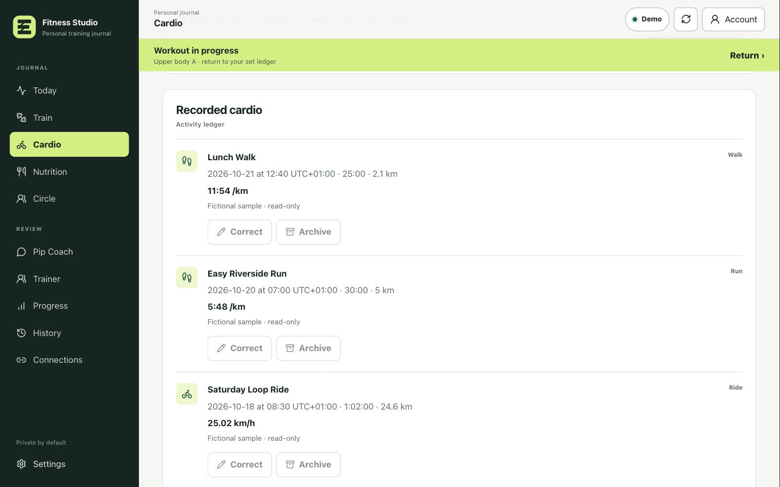 Cardio journal listing a walk, a run and a ride with date, duration, distance and pace
