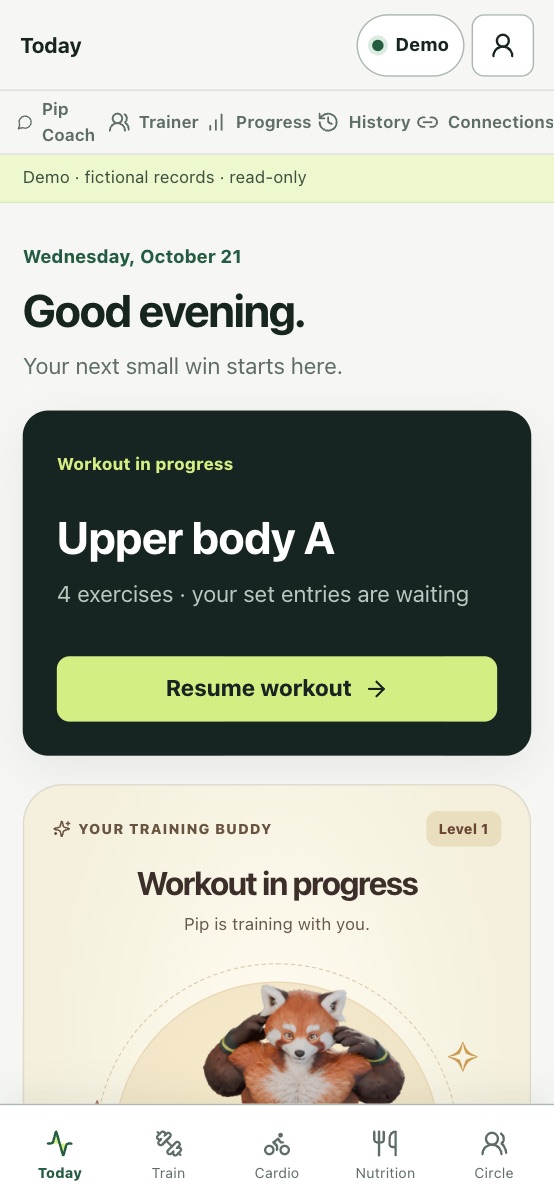 Fitness Studio on a phone showing today’s workout in progress and the bottom navigation