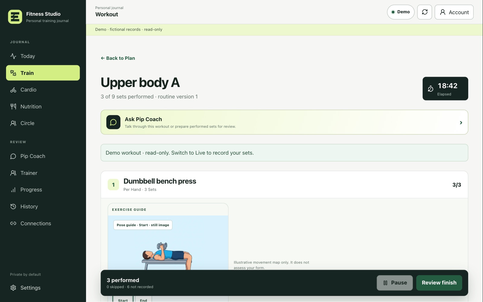 A strength workout in progress with an elapsed timer, an exercise pose guide and a running count of performed sets