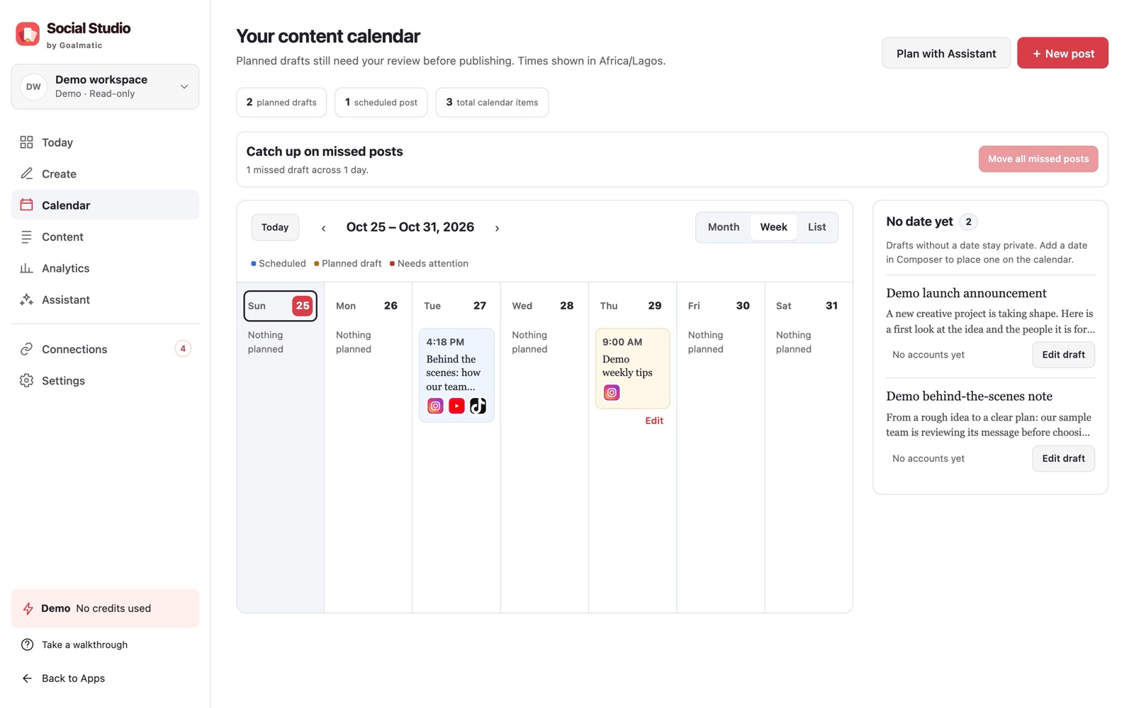Week calendar with scheduled and planned posts and a list of undated drafts