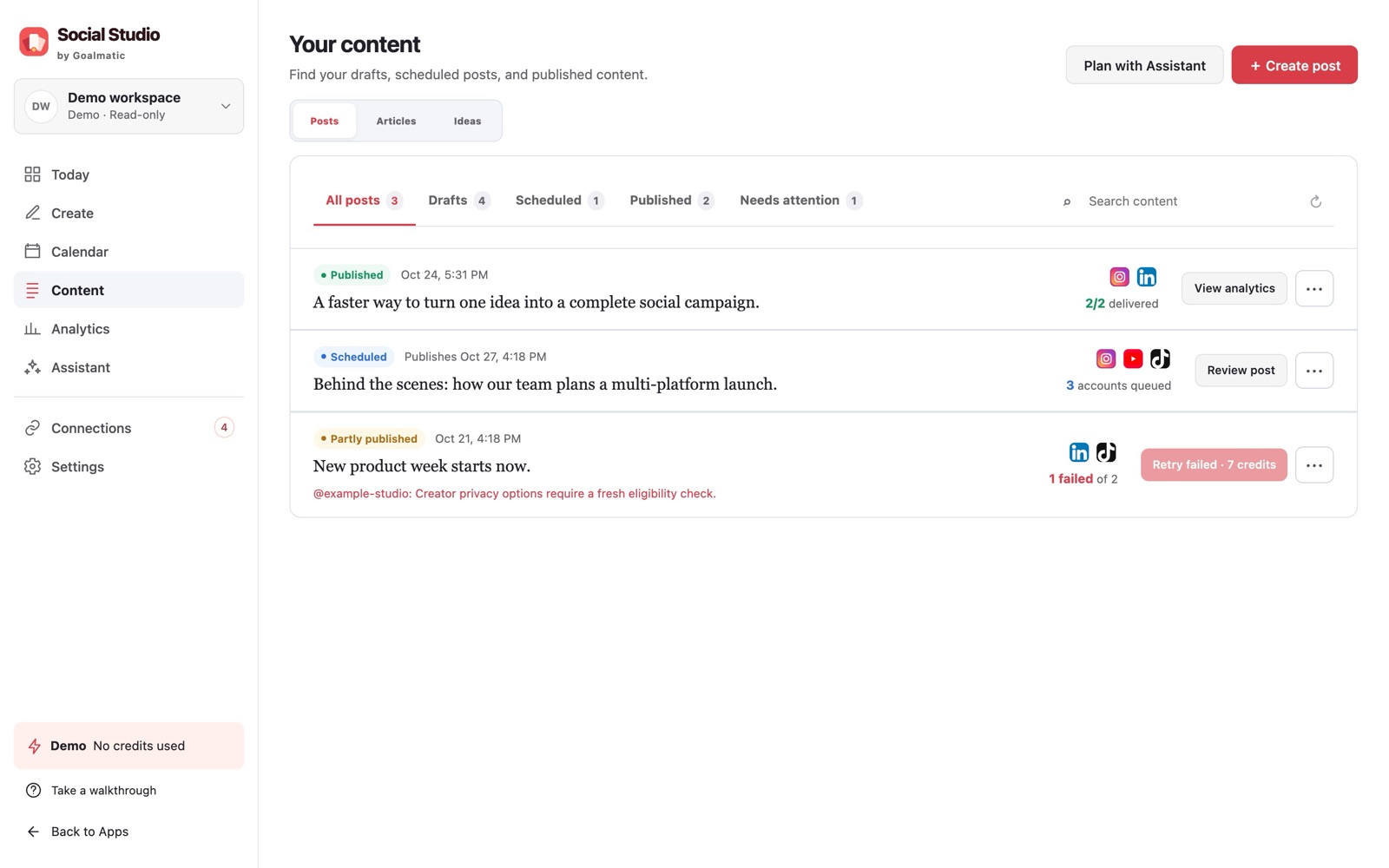 Content library with published, scheduled and partly published posts and delivery counts