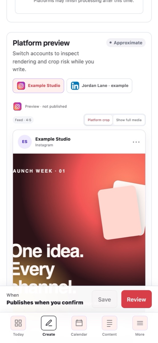 Social Studio on a phone previewing an Instagram post