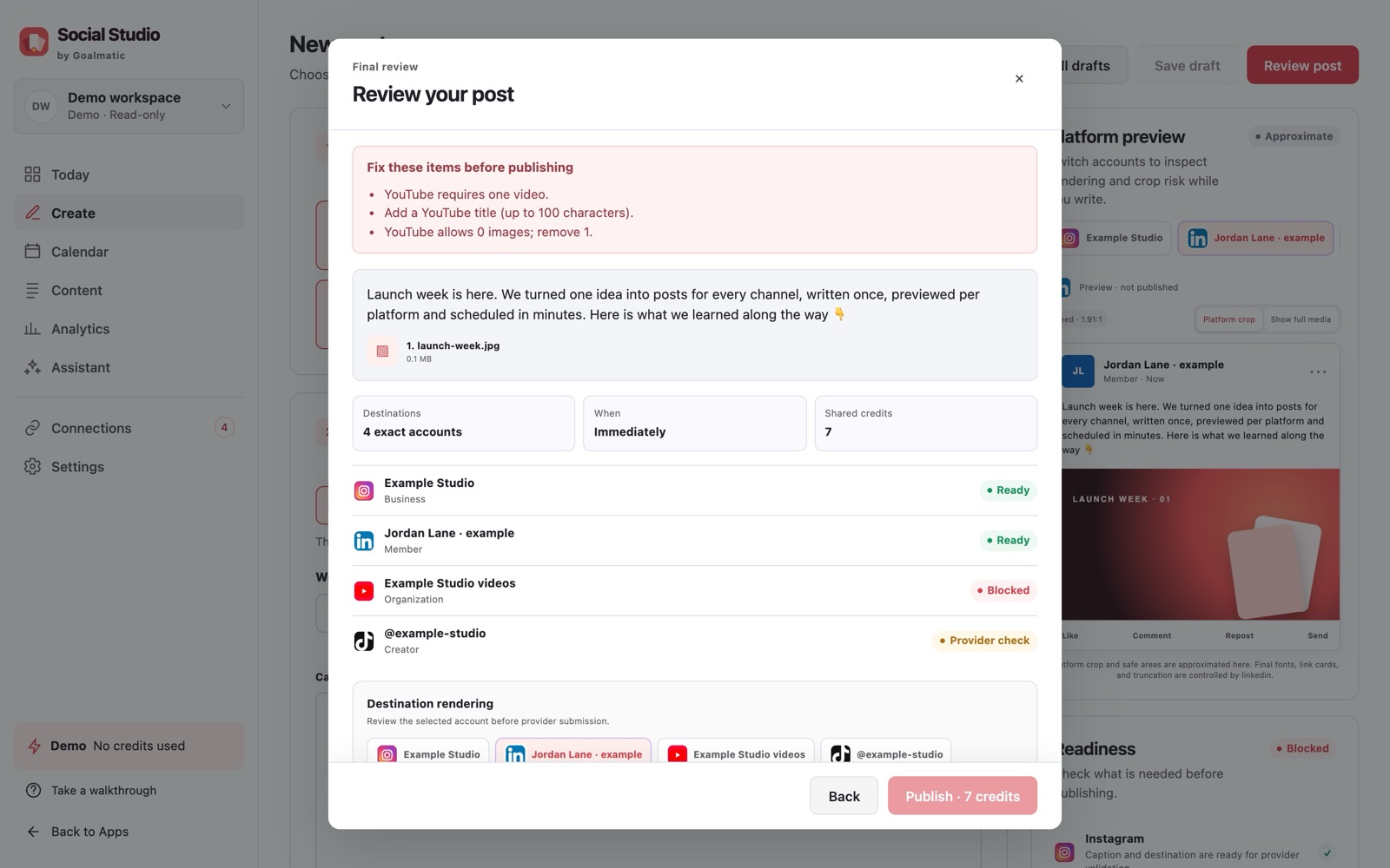Review dialog listing each account’s readiness, fixes needed and the credit cost