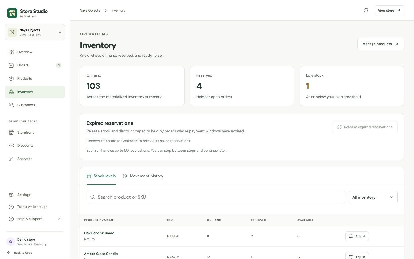 Inventory page with items on hand, reserved and low stock, and adjust buttons