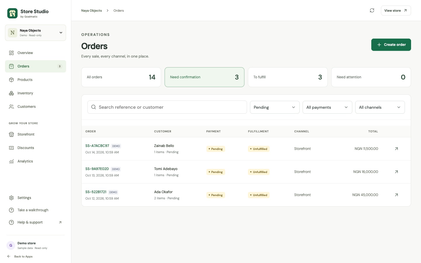 Orders filtered to those that need confirmation, with customers, totals and status