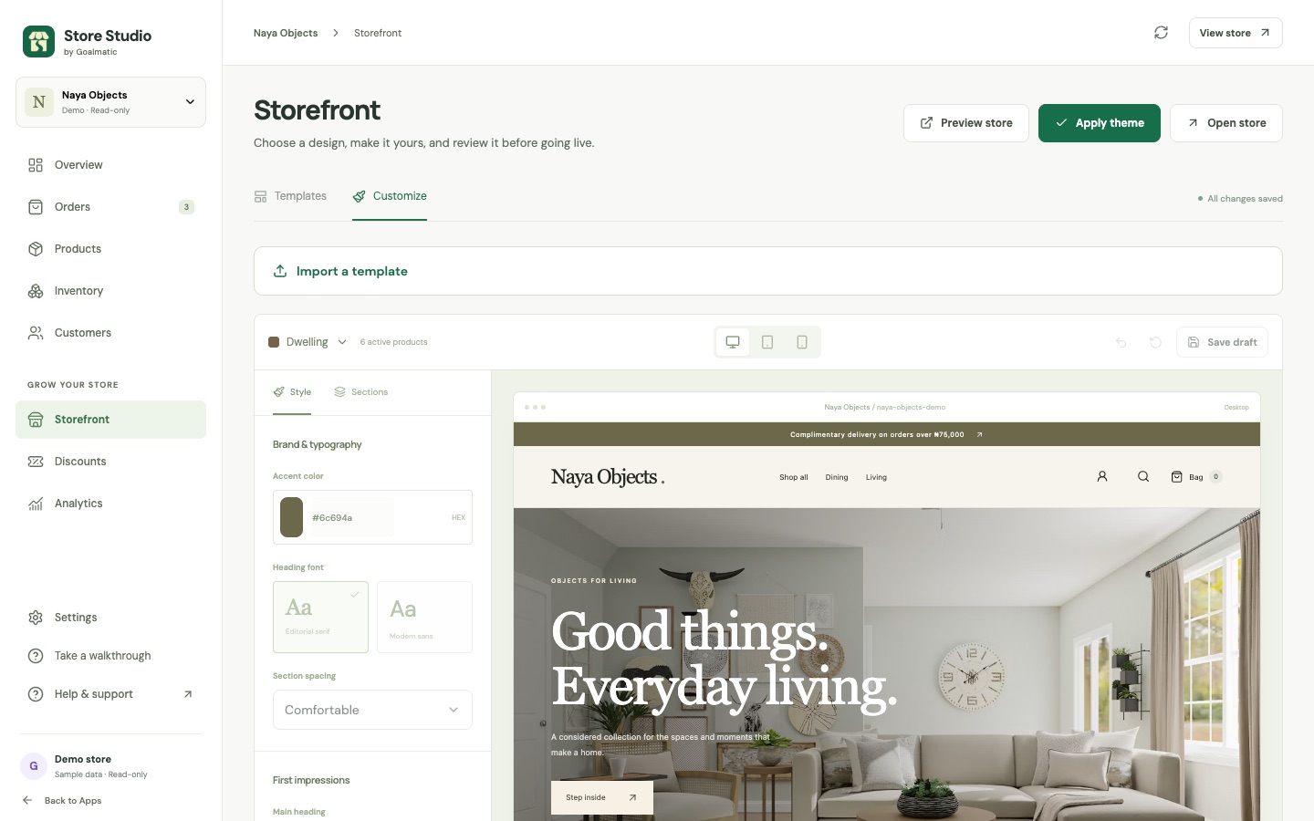 Storefront editor with colour and font settings beside a live store preview