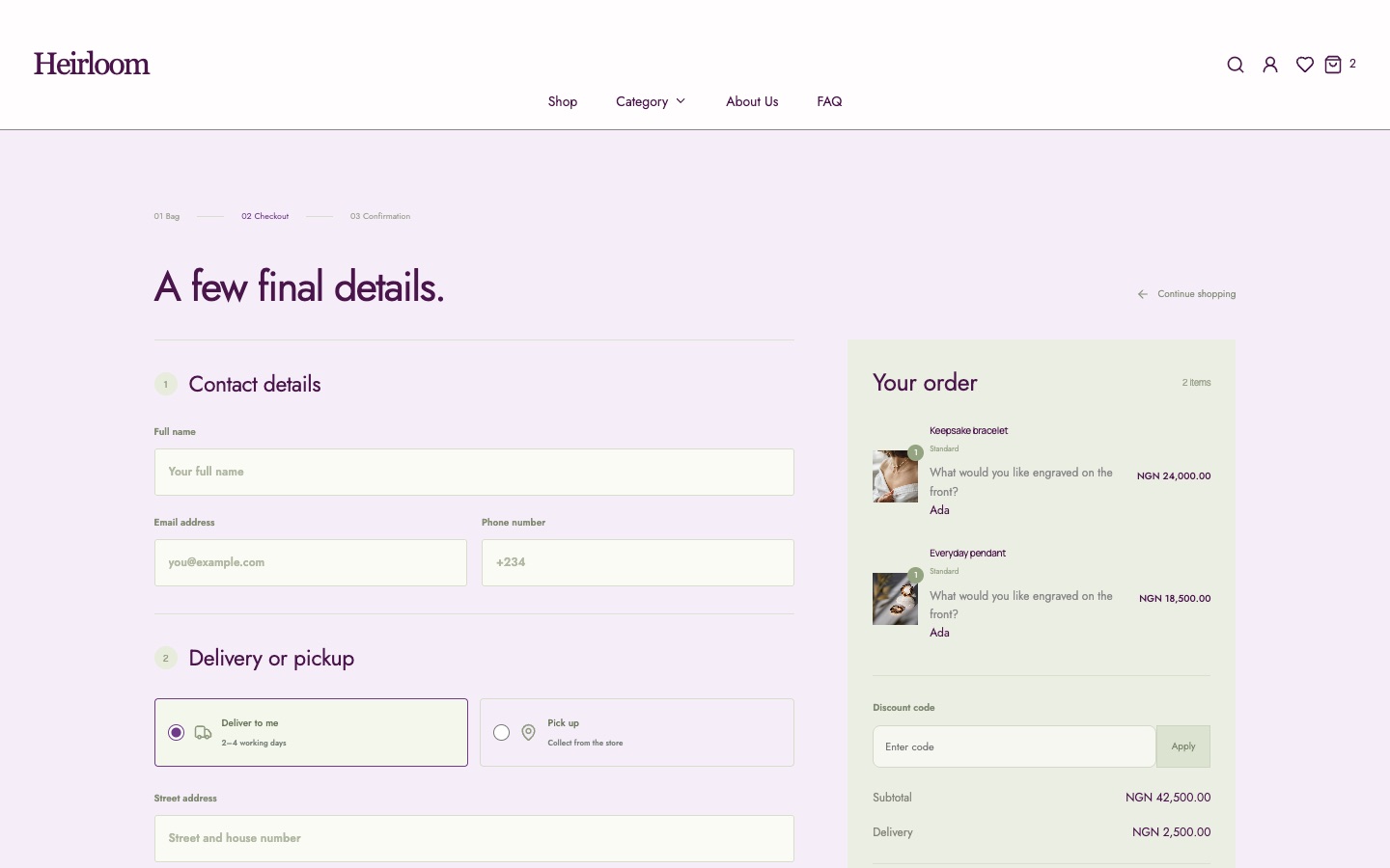 Store checkout with contact details, delivery or pickup and an order summary