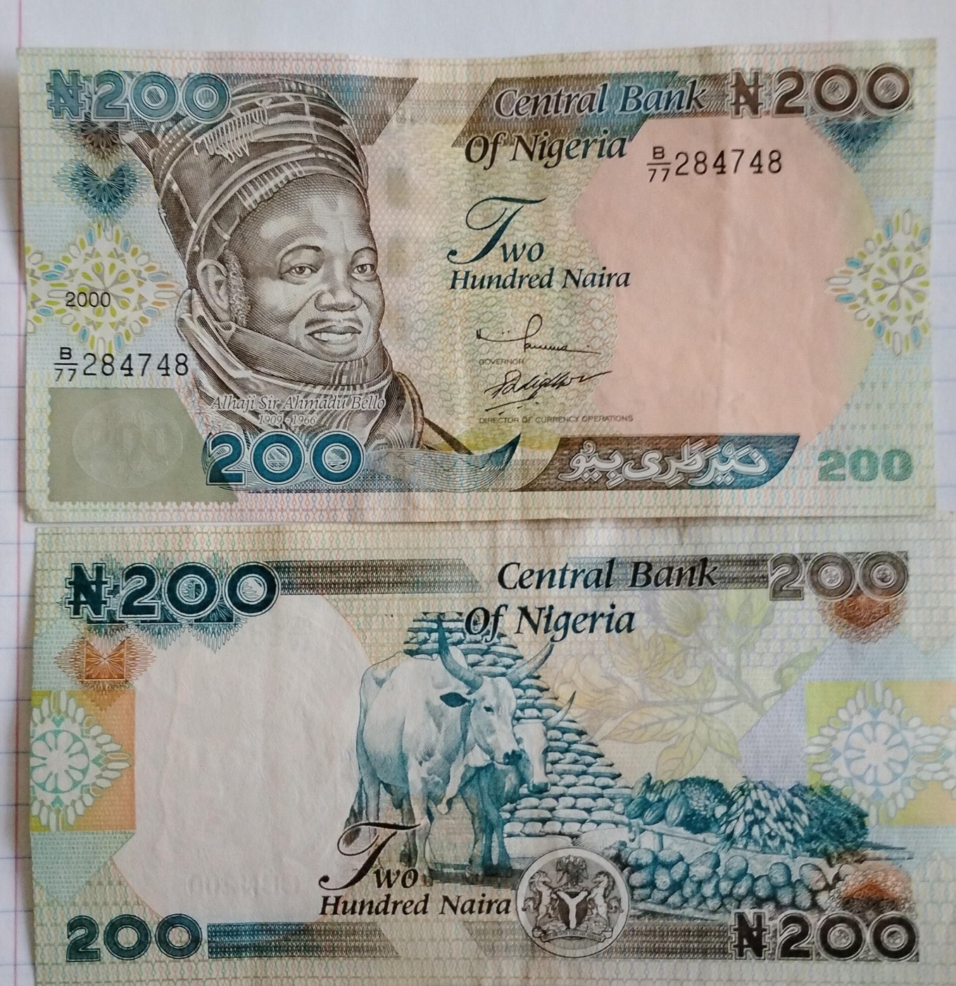 Two hundred naira notes laid flat